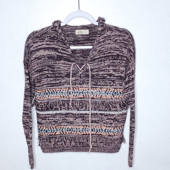 Hollister Baja Textured Fringe Pullover V-Neck Hooded L/S Sweater Size S - Picture 2 of 9